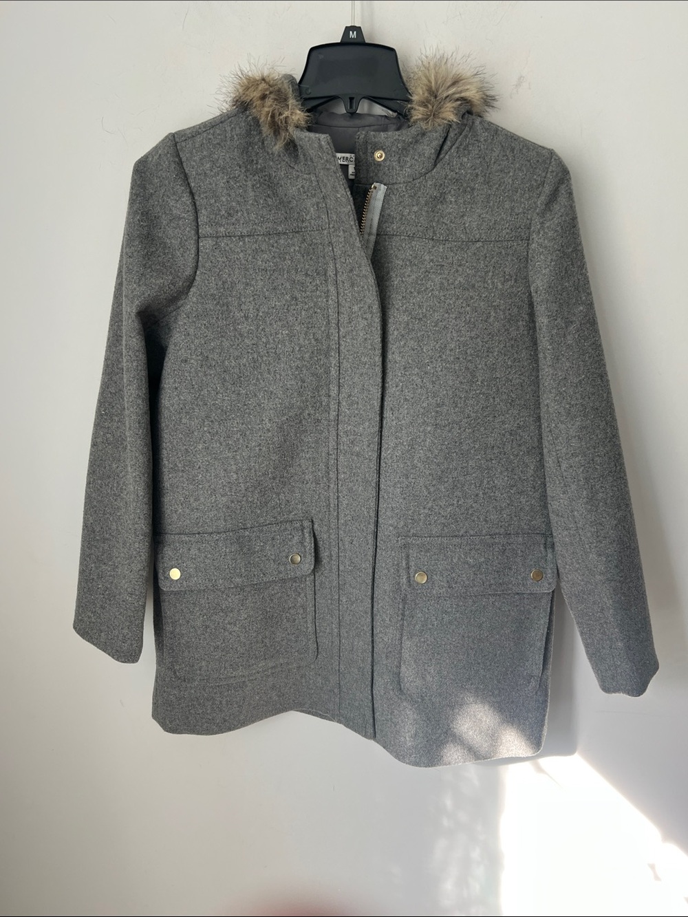 J.Crew Mercantile Gray Wool Blend Faux Fur Hooded Coat Jacket Size 10 ©️